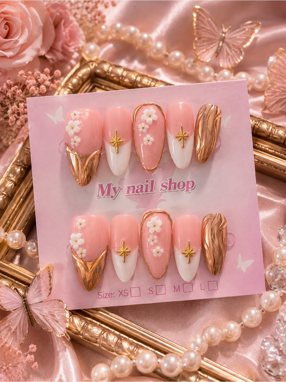 Pink Floral Gold Accent Press-On Nails